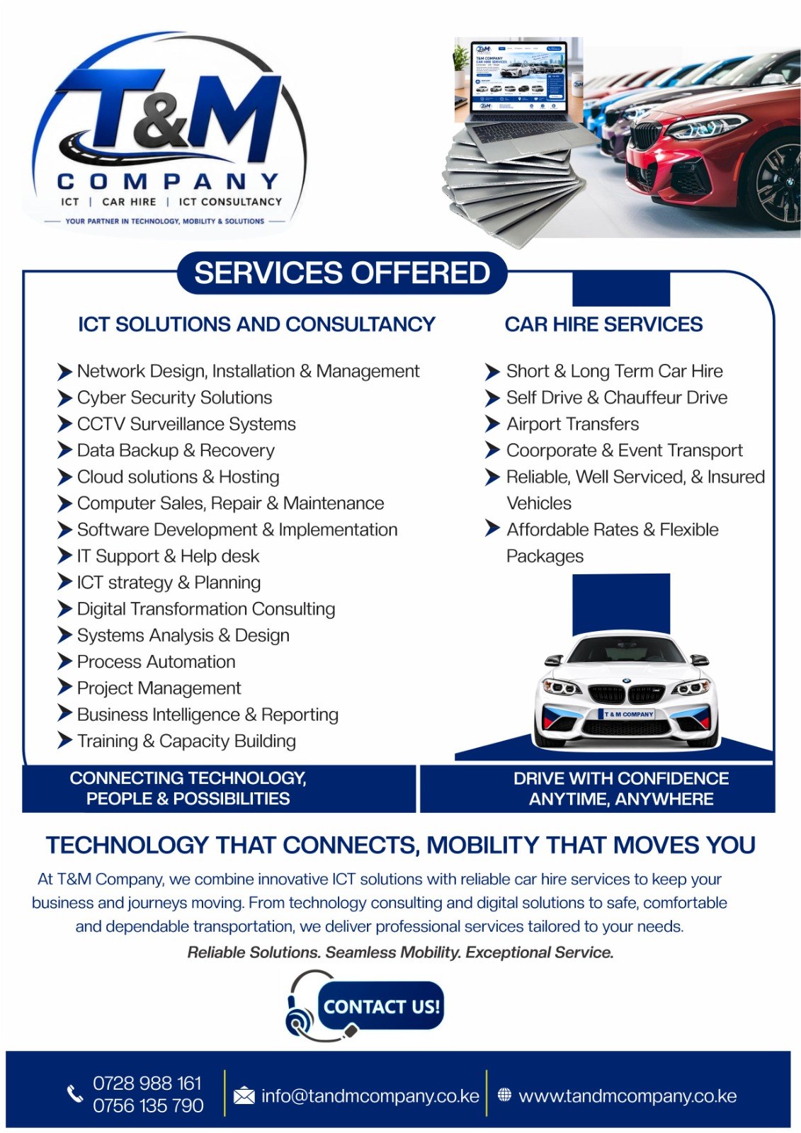 T&M Company services flyer listing ICT solutions and consultancy, car hire services and contact details